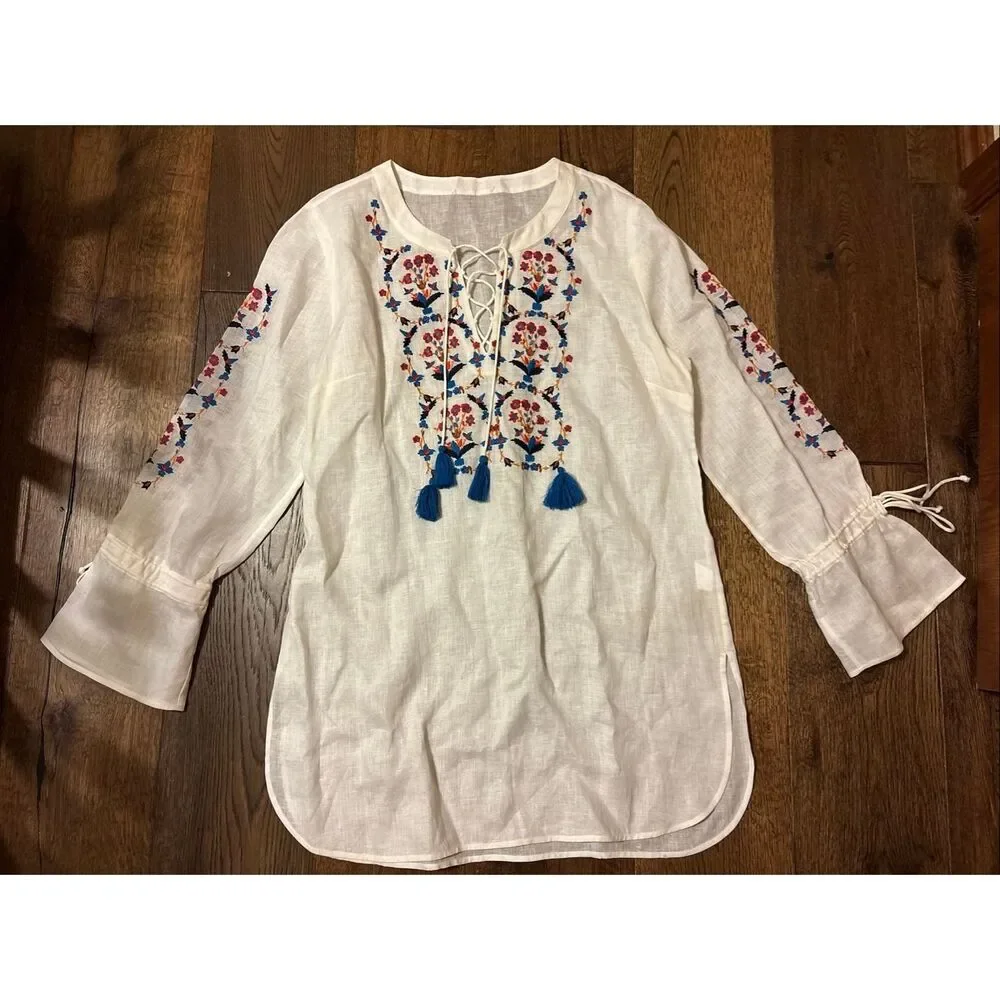 Tory Burch white linen swim cover up tunic M embroidered coastal beach